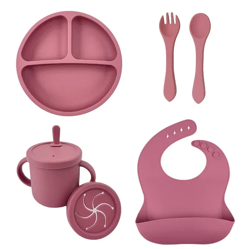 Juego de alimentación de bebé de silicona sin BPA, cuenco con ventosa, plato de comedor, taza de paja, cuchara, tenedores para niños, vajilla para bebés, platos para niños