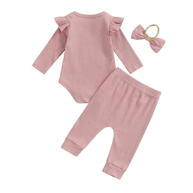 Conjunto de 3 piezas para niñas de 0 a 12 meses, pelele con volantes y manga larga con estampado de letras, Tops, pantalones largos, trajes con banda para el pelo