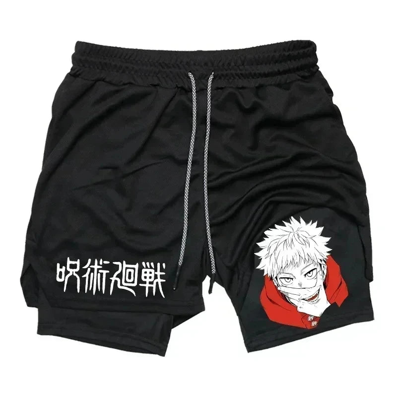 Pantalones cortos deportivos para hombre Jujutsu Kaisen Anime Graphic 2 en 1 pantalones cortos de compresión para hombre pantalones cortos de rendimiento de gimnasio de secado rápido atléticos