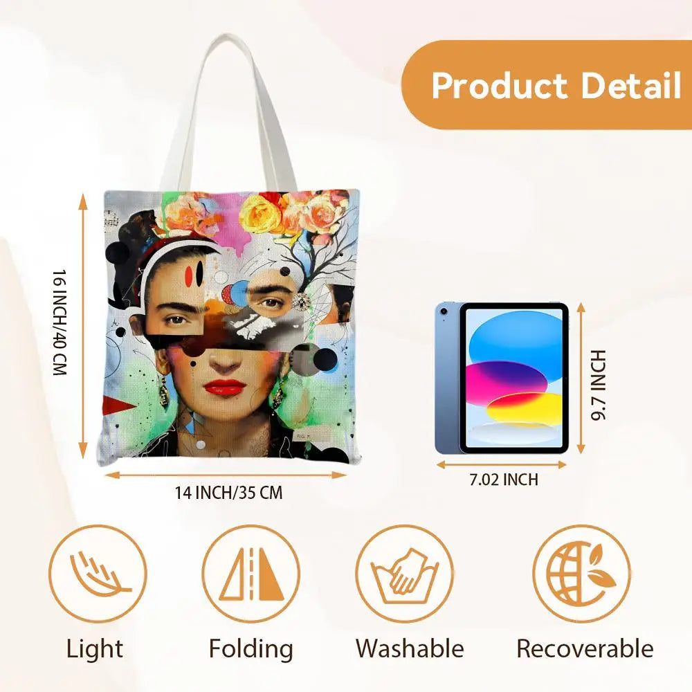 Bolsos de Almacenamiento Art F-Frida Kahlo, Bolso Tote de Lona con Estampado a Doble Cara, Bolso de Hombro de Gran Capacidad para Mujer