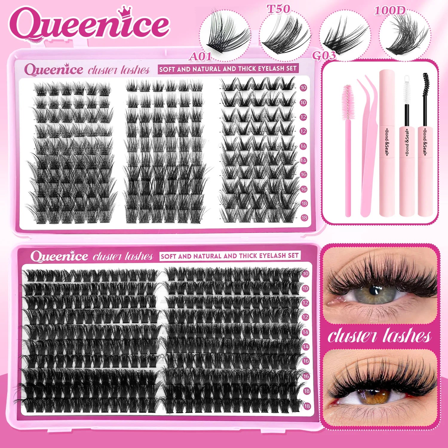 Kit de extensión de pestañas DIY, grupos de pestañas individuales de 9-16mm con unión y sello, pestañas naturales tenues