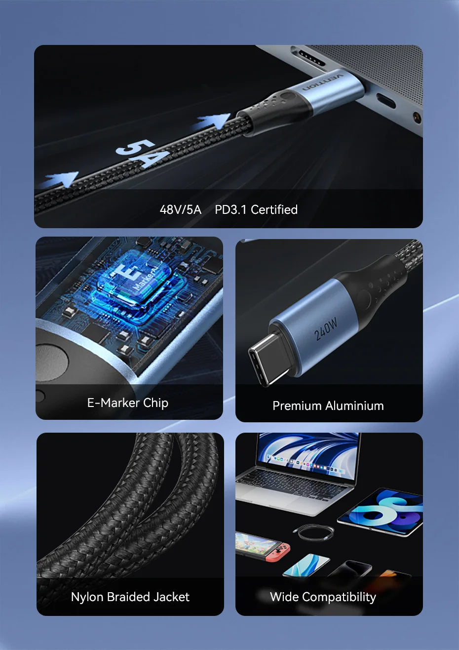 Cable Vention de 240W Tipo C a Tipo C PD3.1, Cable de Carga Rápida USB C a C para Transferencia de Datos, Compatible con MacBook, iPhone 17, 16, 15, Samsung S24, S25, Xiaomi 17