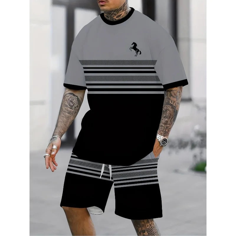 Conjunto informal de dos piezas con estampado 3D a rayas para hombre, camiseta de manga corta y pantalones cortos, conjunto para deportes al aire libre diarios de tela de poliéster