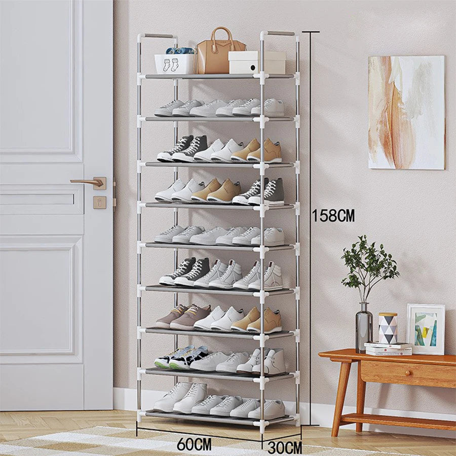 Este zapatero metálico multifuncional de 9 niveles es un organizador compacto para la entrada y una solución sencilla para guardar zapatos en casa, ideal para entradas, dormitorios y pasillos. Es fácil de montar