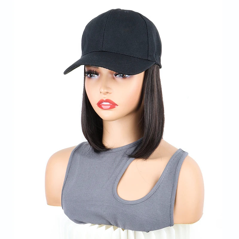 Extensiones de cabello de gorra de béisbol sintética de 12 pulgadas, peluca de sombrero ajustable Bob recta corta, fácil de usar para mujeres de fiesta diarias