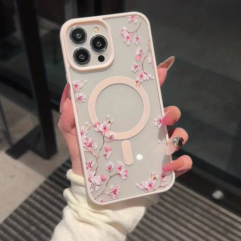 Funda de teléfono magnética con diseño de fondo Floral elegante de cereza rosa para iPhone 17 16 15 14 13 12 Pro Max 11 16 Plus 16E 17Air