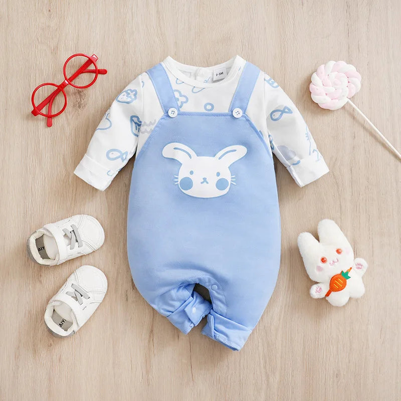 Disfraz de otoño de manga larga para niño pequeño, mono para recién nacido, niño y niña, conejo de 0 a 18 meses, cuello redondo, pelele suave de conejito de dibujos animados, garabatos