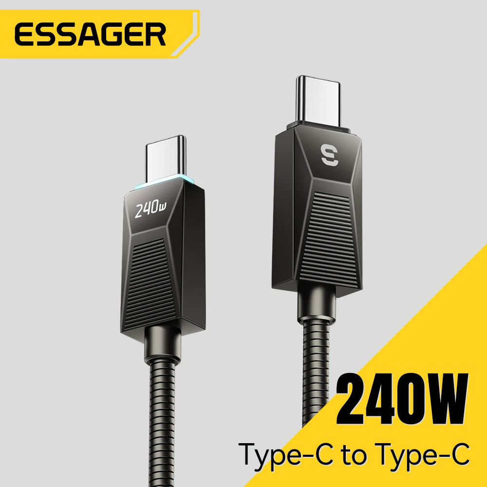 Essager-Cable tipo C de carga súper rápida de 240W, Cable de datos de acero inoxidable de carga rápida de 100W 5A para Macbook iPad iPone 16 15 Pro Max