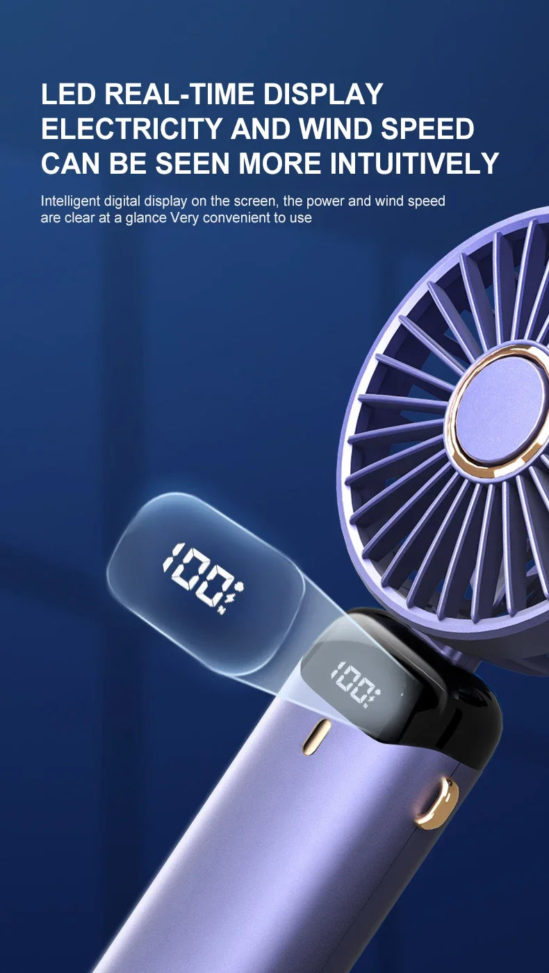 Mini ventilador de mano de 5000mAh, inalámbrico, recargable por USB, portátil, pantalla Digital, soporte para teléfono, ventilador plegable de 5 velocidades para colgar en el cuello