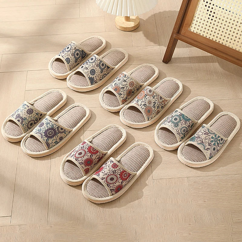Otoño Invierno zapatillas de suelo para mujer Retro de lino con punta abierta EVA sandalias casuales de fondo grueso zapatillas de interior para parejas zapatos