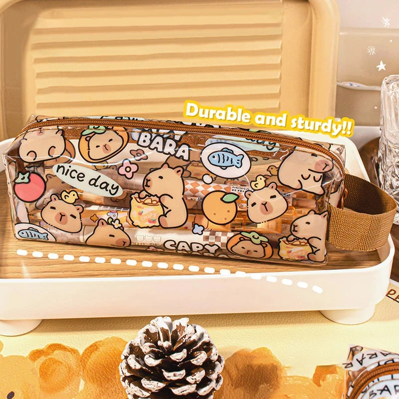 Estuches de lápices de capibara de dibujos animados, bonitos bolsos para bolígrafos, estuche de lápices con cremallera Kawaii, papelería para estudiantes, suministros escolares y de oficina, regalos