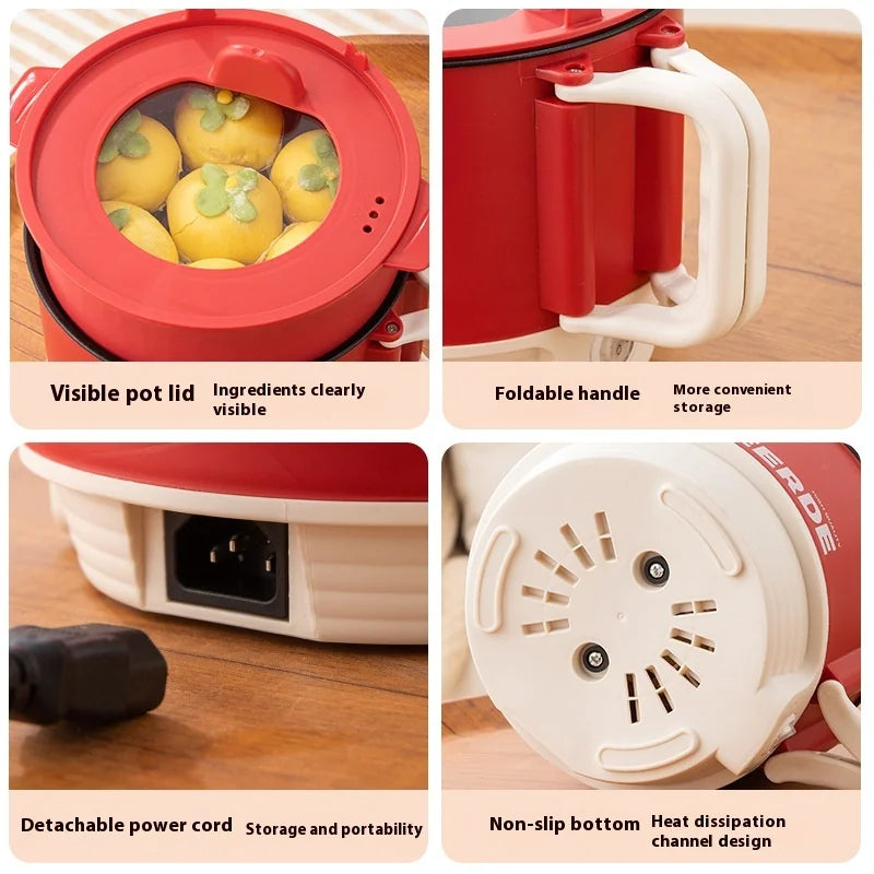 Olla calefactora eléctrica portátil, cocina multiusos de 1,5 l con tapa, Control automático de temperatura, cocina rápida para fideos instantáneos