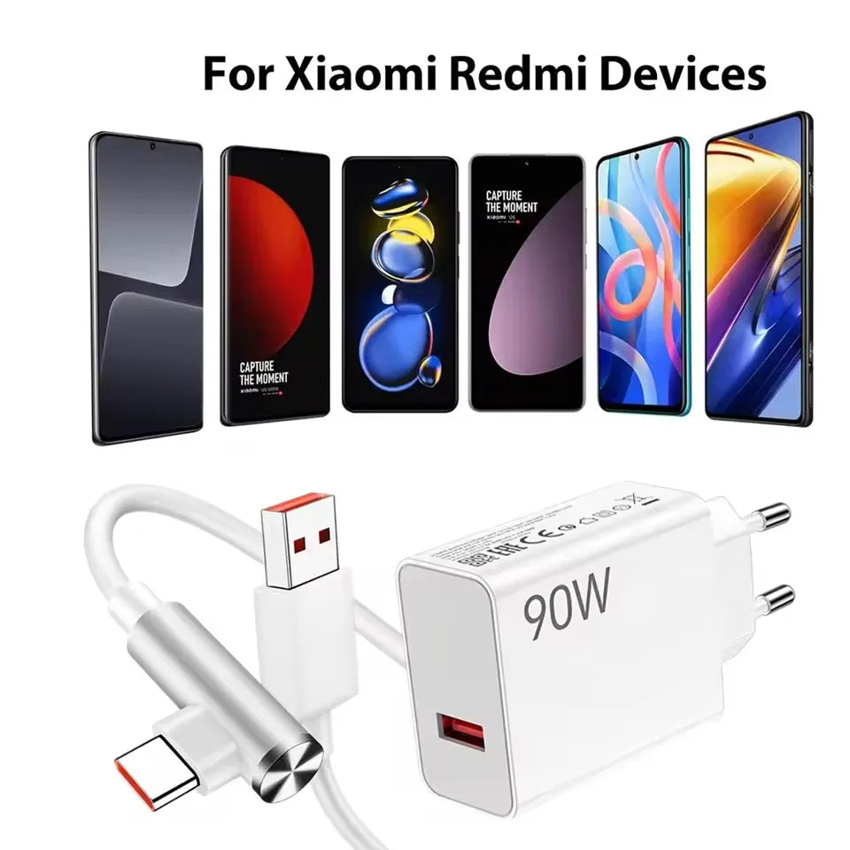 Cargador Rápido Turbo EU de 90W Máx. para Xiaomi 13 14 Ultra 15T Pro Redmi Note 14 15 Pro+ POCO F7 F8 X7 X8 con Cable USB Tipo-C en Ángulo