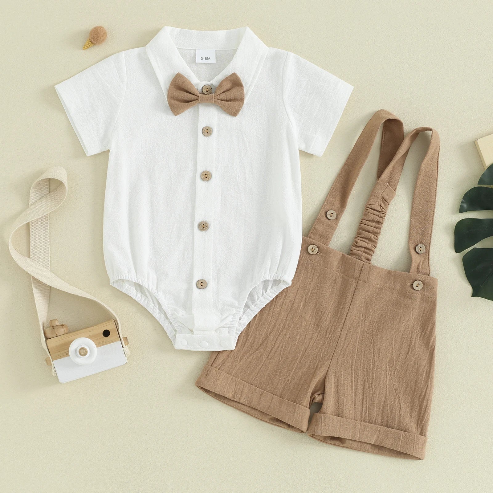 Pudcoco Conjunto de caballero para niño pequeño, pelele de manga corta de Color sólido con pajarita y monos, conjunto de pantalones cortos para uso formal de 0 a 24 meses