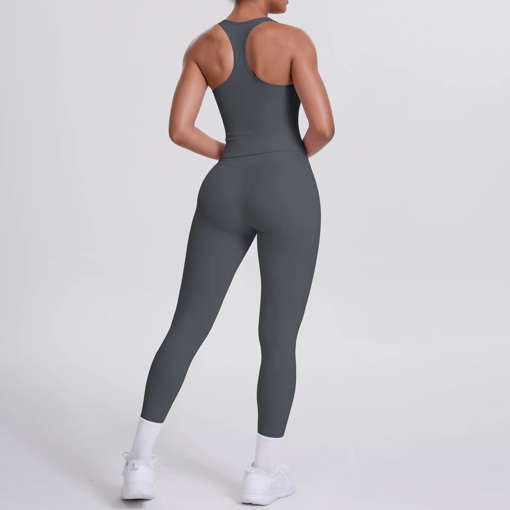Hamidou - Conjunto de yoga de 2 piezas para mujer: leggings de fitness de secado rápido con efecto push-up y top deportivo con espalda en I de color liso.