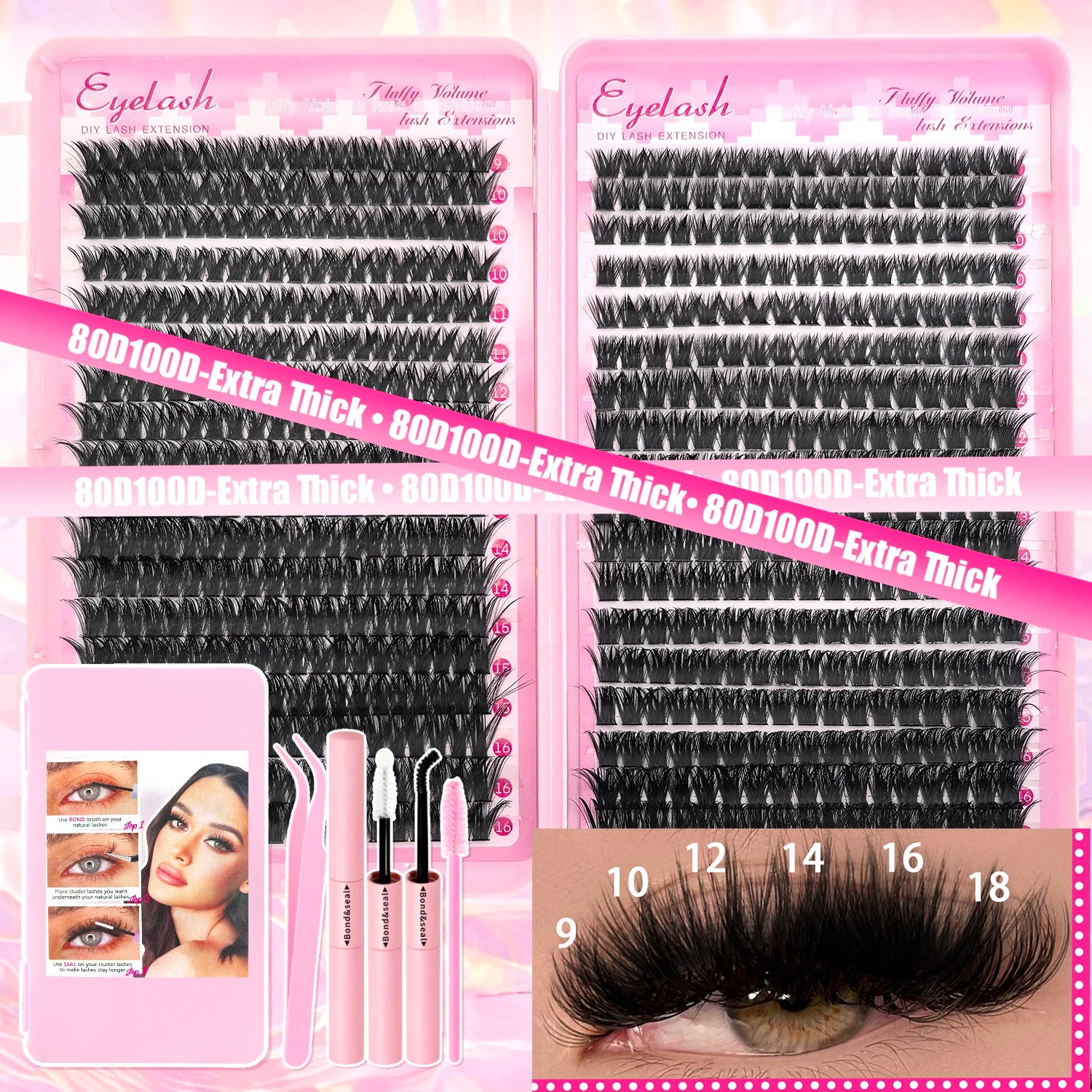 Kit de extensión de pestañas DIY, grupos de pestañas individuales de 9-16mm con unión y sello, pestañas naturales tenues