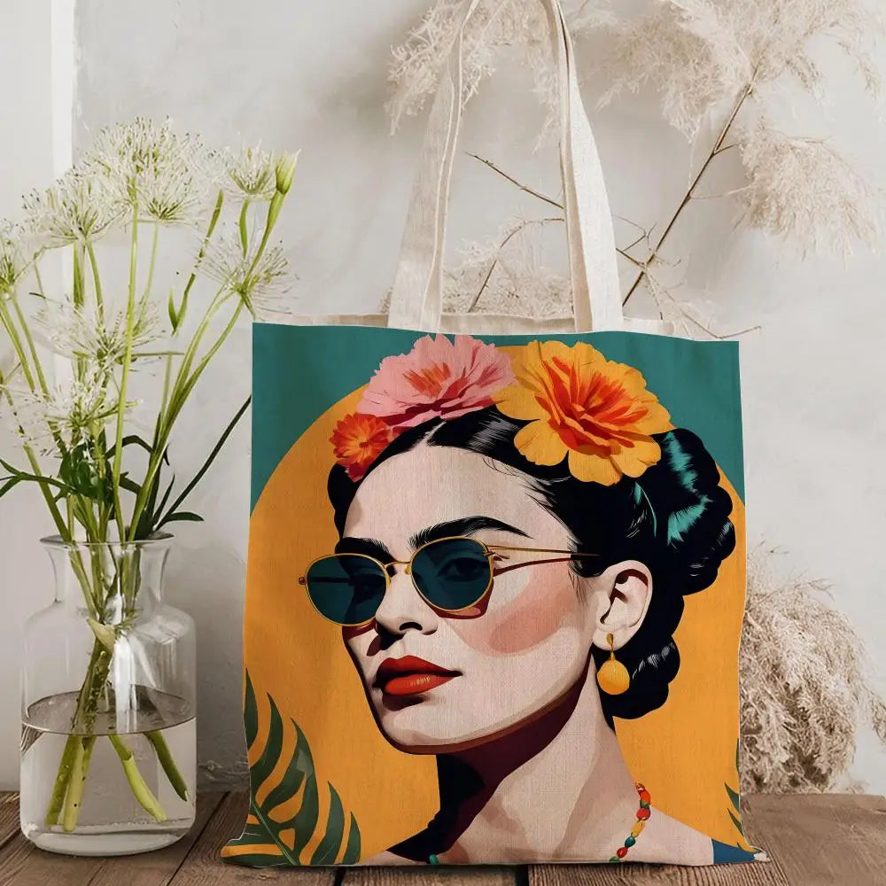 Bolsos de Almacenamiento Art F-Frida Kahlo, Bolso Tote de Lona con Estampado a Doble Cara, Bolso de Hombro de Gran Capacidad para Mujer
