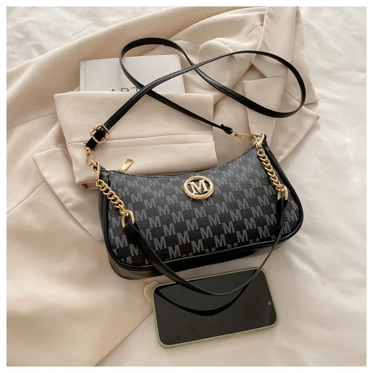 Bolso retro francés para axila, bolso de un hombro con estampado de letras y cadena cuadrada cruzada diagonal para mujer