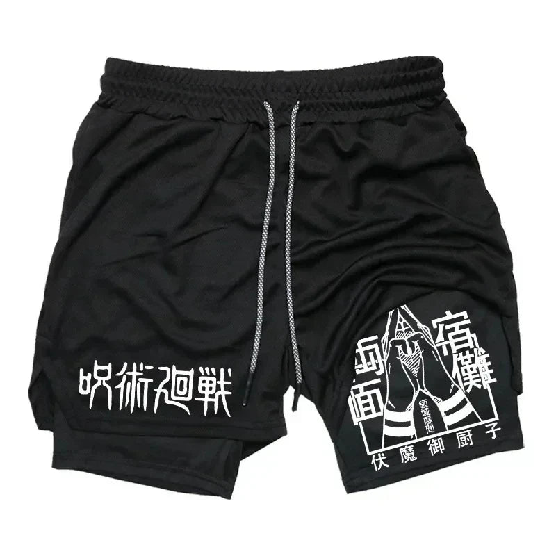Pantalones cortos deportivos para hombre Jujutsu Kaisen Anime Graphic 2 en 1 pantalones cortos de compresión para hombre pantalones cortos de rendimiento de gimnasio de secado rápido atléticos