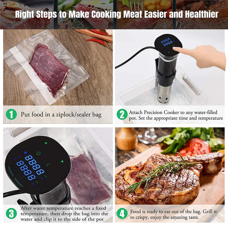 Sous Vide WIFI 1100W de alta potencia con función de olla de cocción lenta Temporizador de 99 horas y cocción al vacío de precisión, ±0,1 ° C Contraste de temperatura
