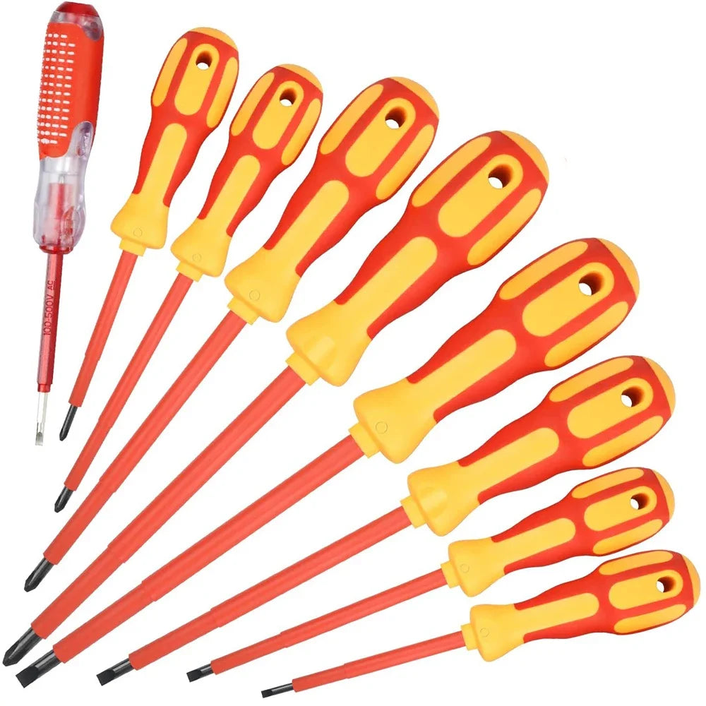 Juego de 10 Destornilladores Aislados VDE 500V, con Puntas Magnéticas Intercambiables y Estuche, para Electricistas Profesionales y Domésticos