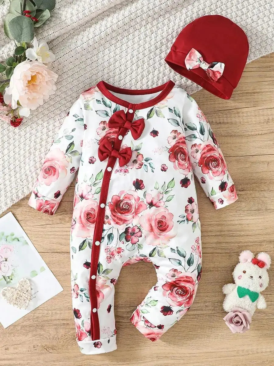 Pelele y sombrero con diseño floral para bebé niña, 1-24m, con lazo, suave y cómodo, primavera y otoño