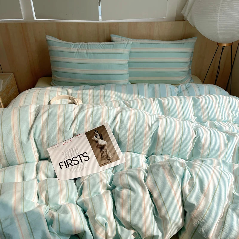 Juego de cama suave de algodón 100%, funda nórdica con estampado de rayas y funda de almohada, ropa de cama, colcha, fundas de almohada, juegos de edredón