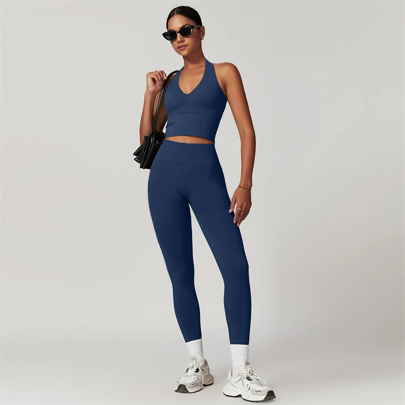 Conjunto de Yoga de 2 piezas para mujer, ropa deportiva de entrenamiento, ropa de gimnasio, Top corto de manga corta, mallas de cintura alta, trajes deportivos
