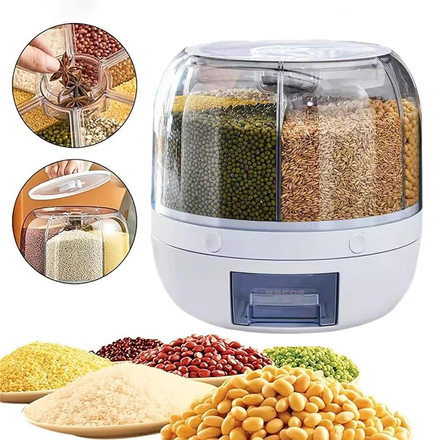 360 °   Dispensador de alimentos giratorio de 6 rejillas, contenedor hermético de almacenamiento de cocina para cereales, cereales y productos secos