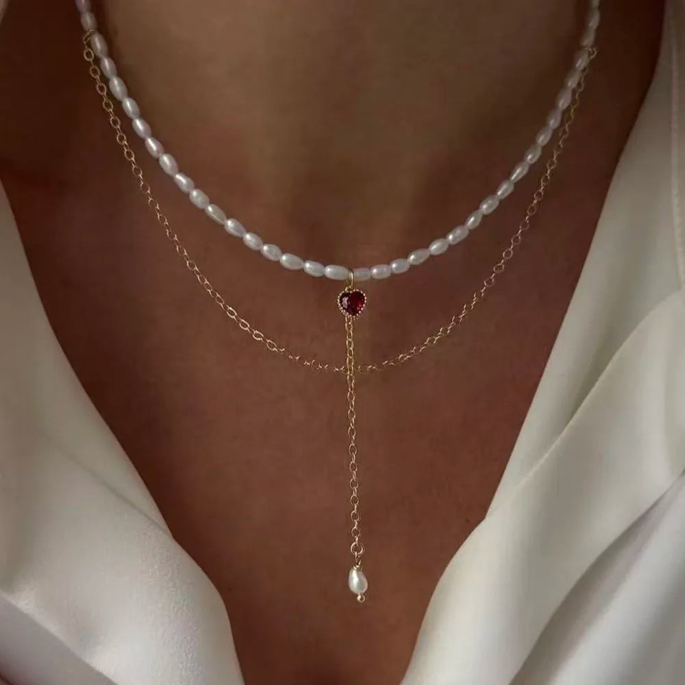 Collar con colgante de cadena con borlas a la moda para mujer, cadena de perlas de imitación y cristal transparente bohemio, joyería, regalo de San Valentín N0538
