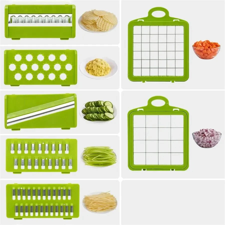 Picadora de verduras multifuncional 14 en 1, picadora de cebolla con mango, rejilla para alimentos, picadora de alimentos, cortadora de verduras de cocina