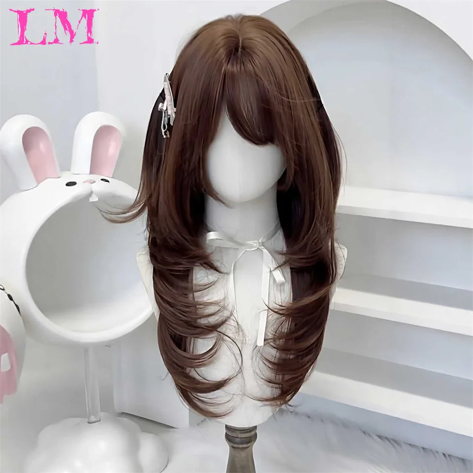 LM Rubio sintético Ombre mezclado rosa Rubio largo ondulado pelucas con flequillo Cosplay fiesta uso fibra resistente al calor para mujeres