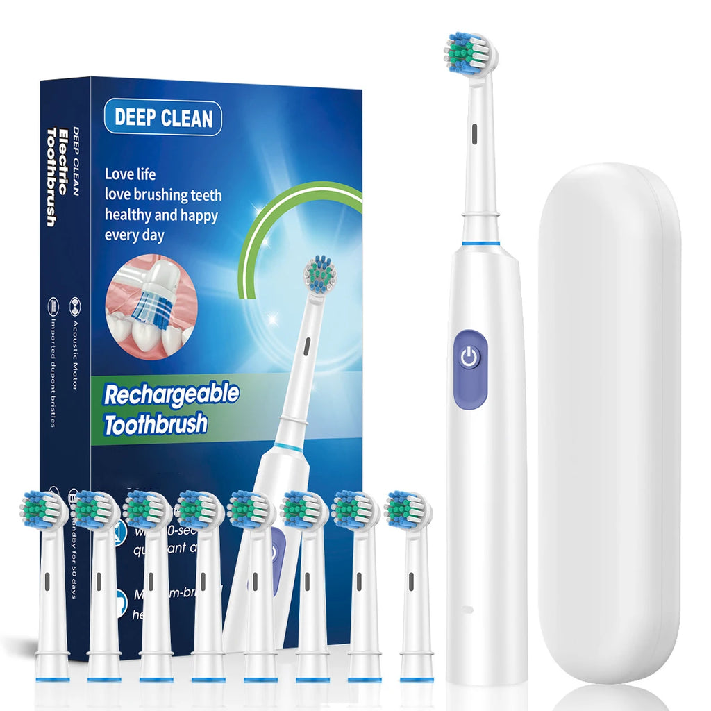 Cepillo de dientes eléctrico giratorio para limpieza profunda y blanqueamiento de dientes para adultos, cepillo de dientes recargable con cabezales de repuesto de 4/8 piezas