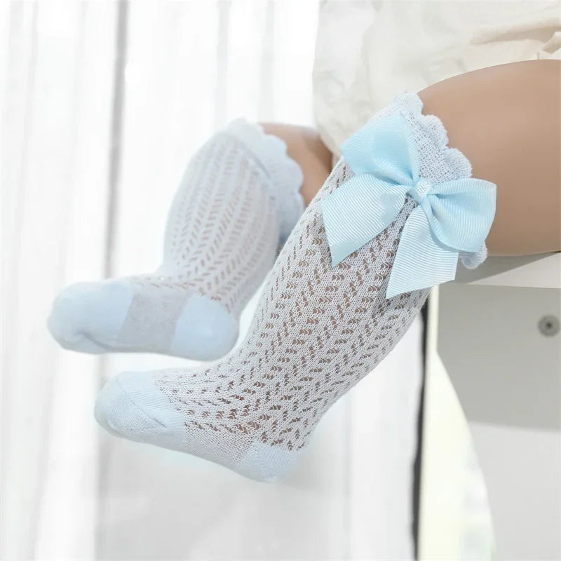 Calcetines hasta la rodilla para bebé de 0 a 36M, calcetines largos hasta la rodilla de malla de algodón con lazo grande para niño pequeño, calcetines largos de princesa para niña 2025