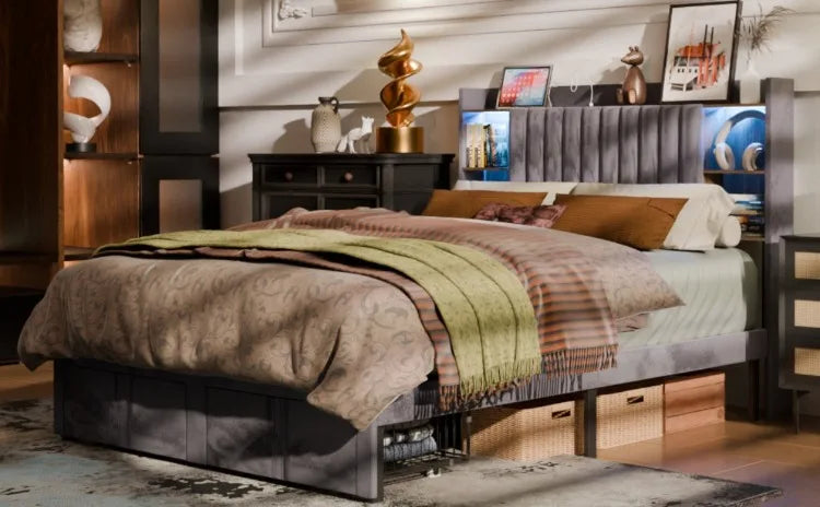 Base de Cama de Plataforma de Madera con Cajones de Almacenamiento, Tamaño Matrimonial, con Luces LED y Estación de Carga, No Requiere Somier, Gris