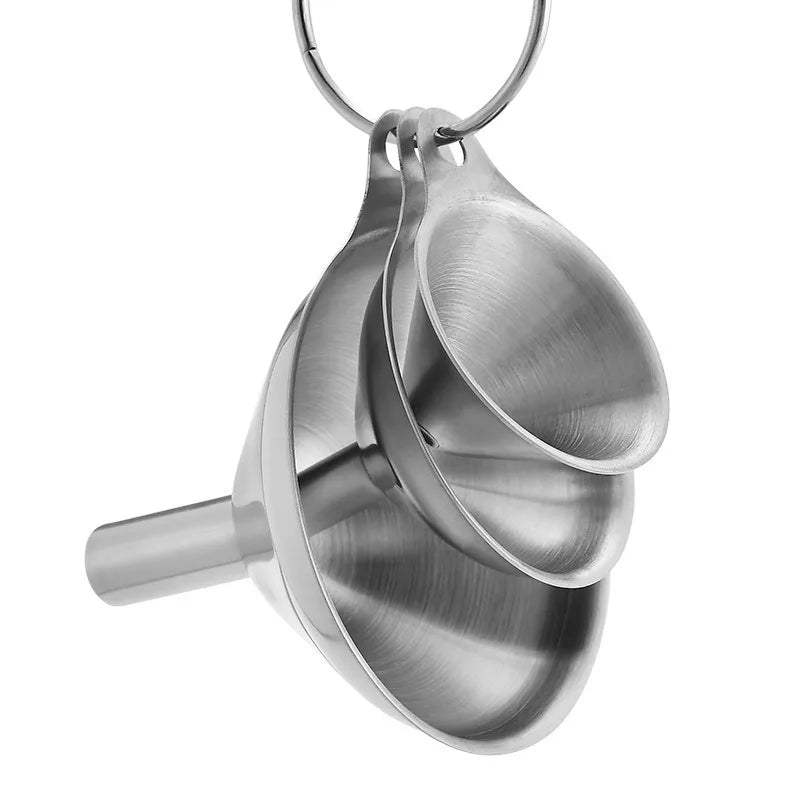 Juego de embudos de acero inoxidable, embudos metálicos de calidad alimentaria con cepillo de limpieza para llenar botellas, herramienta de filtro de aceite y líquido de cocina, 3 uds.