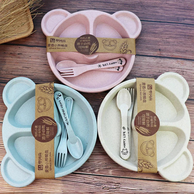 3 unids/set vajilla de alimentación de comida para bebé tazón de oso de dibujos animados + cuchara + tenedor vajilla para comer platos para niños plato de comedor para niños