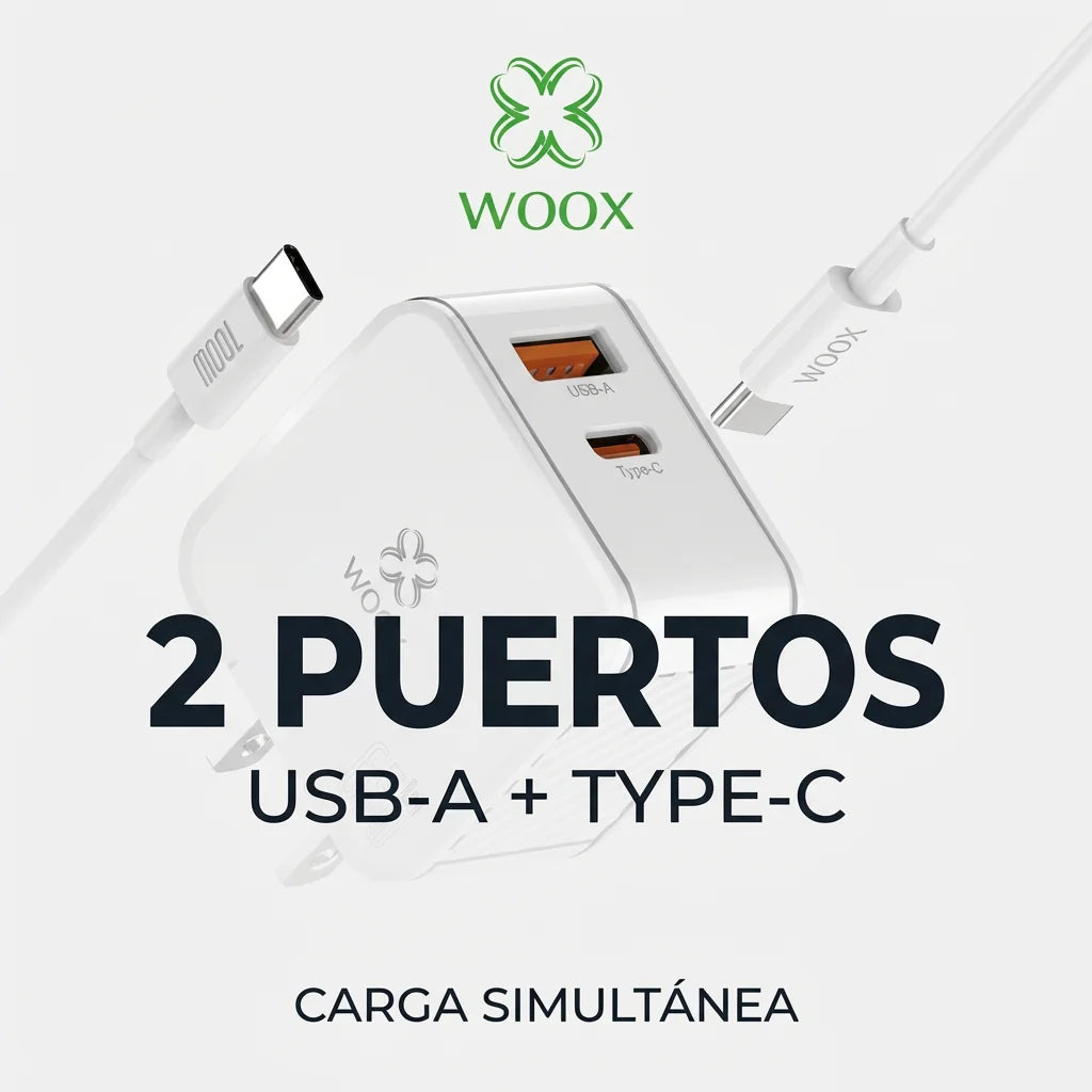 Cargador Rápido Woox 65W GaN con Cable de 100W, 2 Puertos Compactos (USB-C PD y USB-A) para iPhone 17, Teléfono Android, Ordenador Portátil