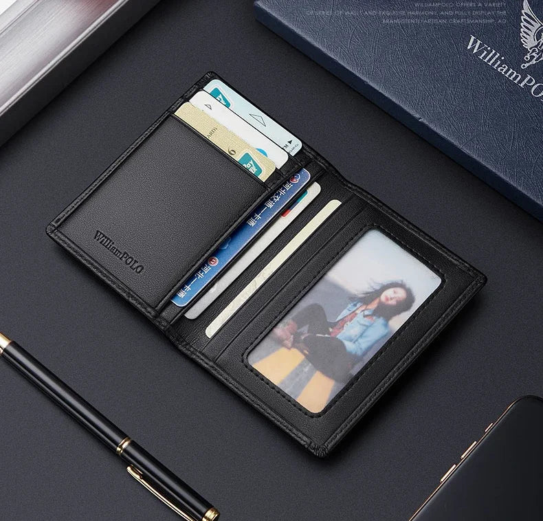 Tarjetero RFID ultrafino compacto de alta gama antidesmagnetización para hombre, bolso para documentos de Cuero de vaca real, miniWILLIAMPOLO desmagnetización