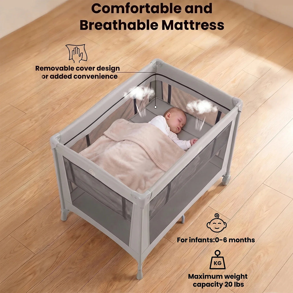 Cuna de Viaje Plegable con Colchón Suave, Ruedas y Bolsa de Transporte, Plegado Rápido y Compacto para Uso en Interiores y Exteriores para Recién Nacidos y Niños Pequeños