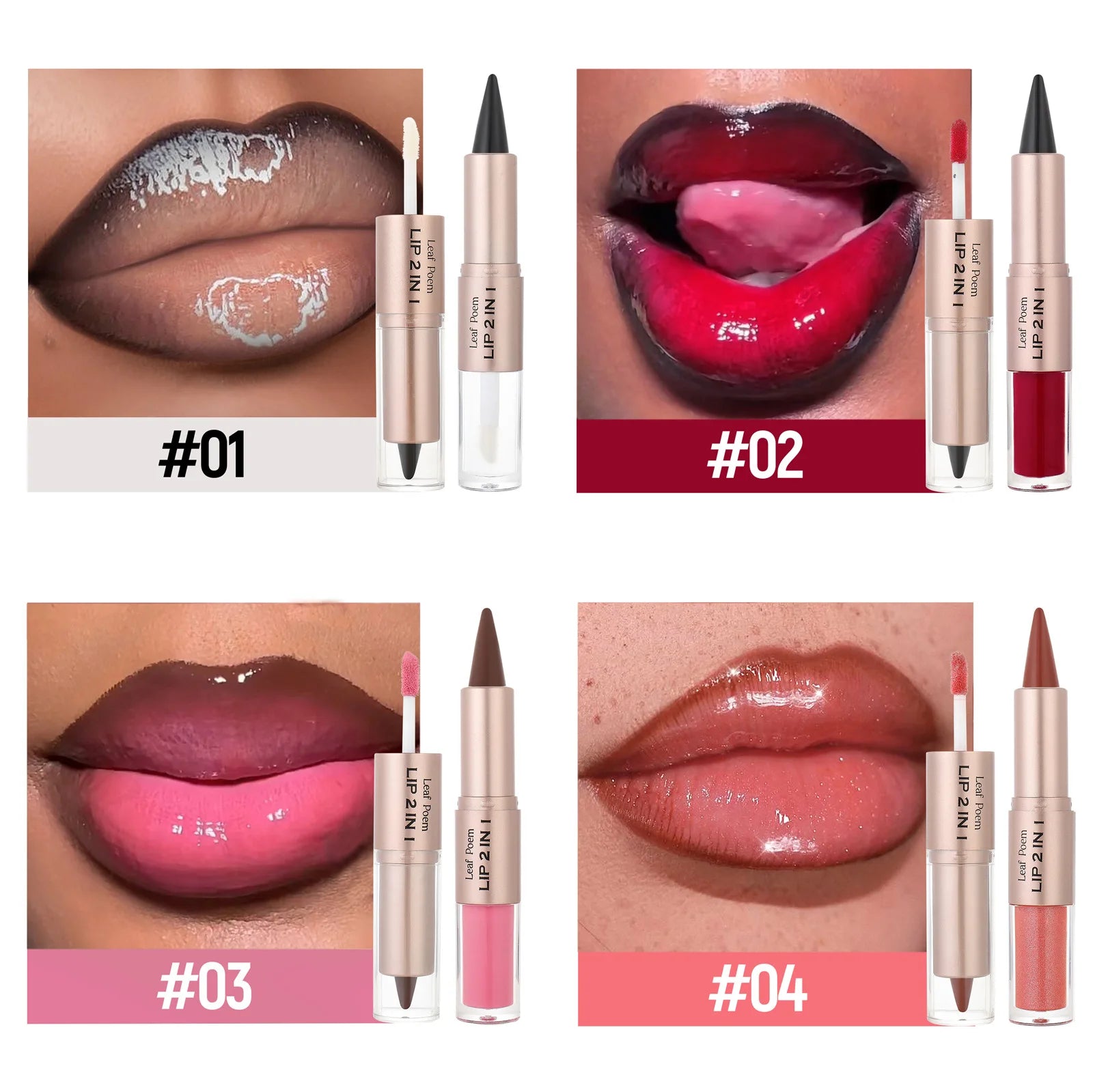 Delineador de labios cónico negro y marrón, lápiz de contorno, espejo de doble cabeza, brillo de labios de cristal, maquillaje de tinte de labios rojos sexis
