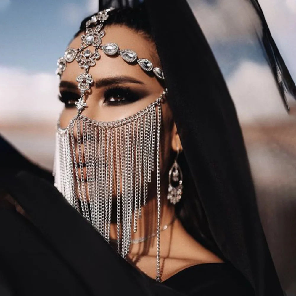 Máscara de diamantes de imitación con flecos para mujer, accesorios de moda para fiestas de baile, tendencia 2026