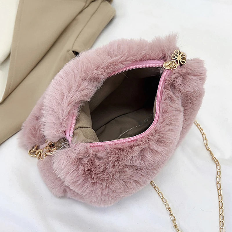 Bolso de mano de piel sintética de felpa para otoño e invierno, bandolera pequeña con cadena cuadrada, bolso de compras cálido y esponjoso a la moda