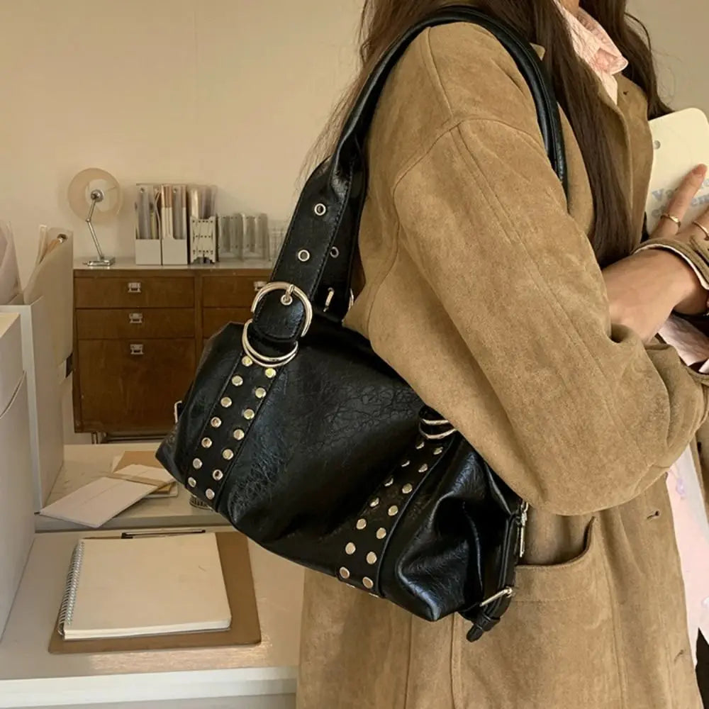 Bolso de Hombro Retro Y2K Simple con Remaches, Bolso de Motocicleta de Cuero PU Estilo Spicy Girl, Bolso Tote de Moda Coreana para Chicas