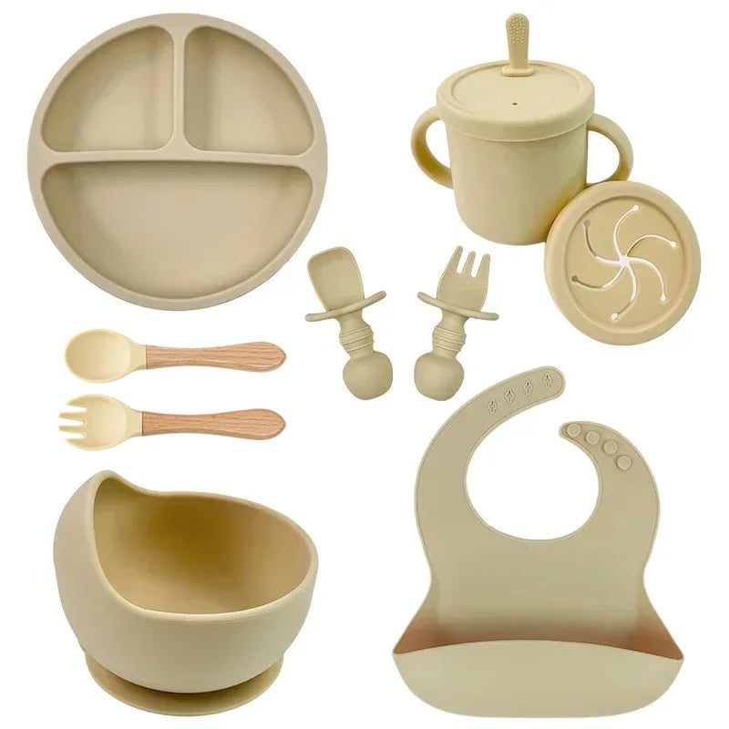 Juego de alimentación de bebé de silicona sin BPA, cuenco con ventosa, plato de comedor, taza de paja, cuchara, tenedores para niños, vajilla para bebés, platos para niños