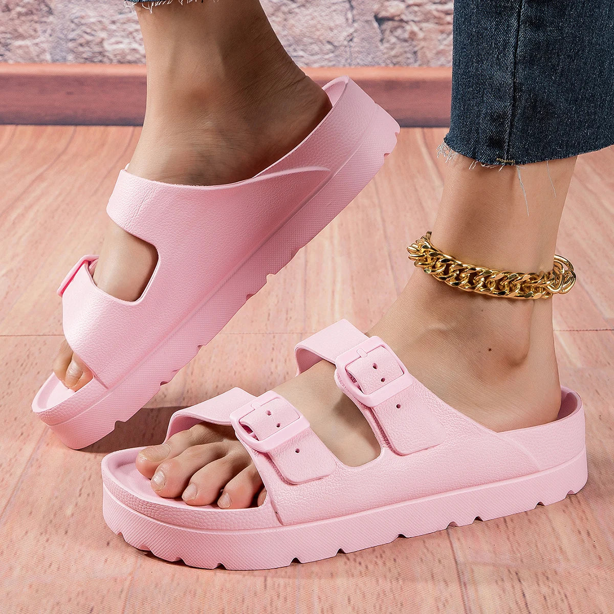 Zapatillas de plataforma de verano para mujer, sandalias de playa sin cordones con hebilla ajustable, chanclas ligeras y cómodas de EVA, suelas gruesas de 4cm