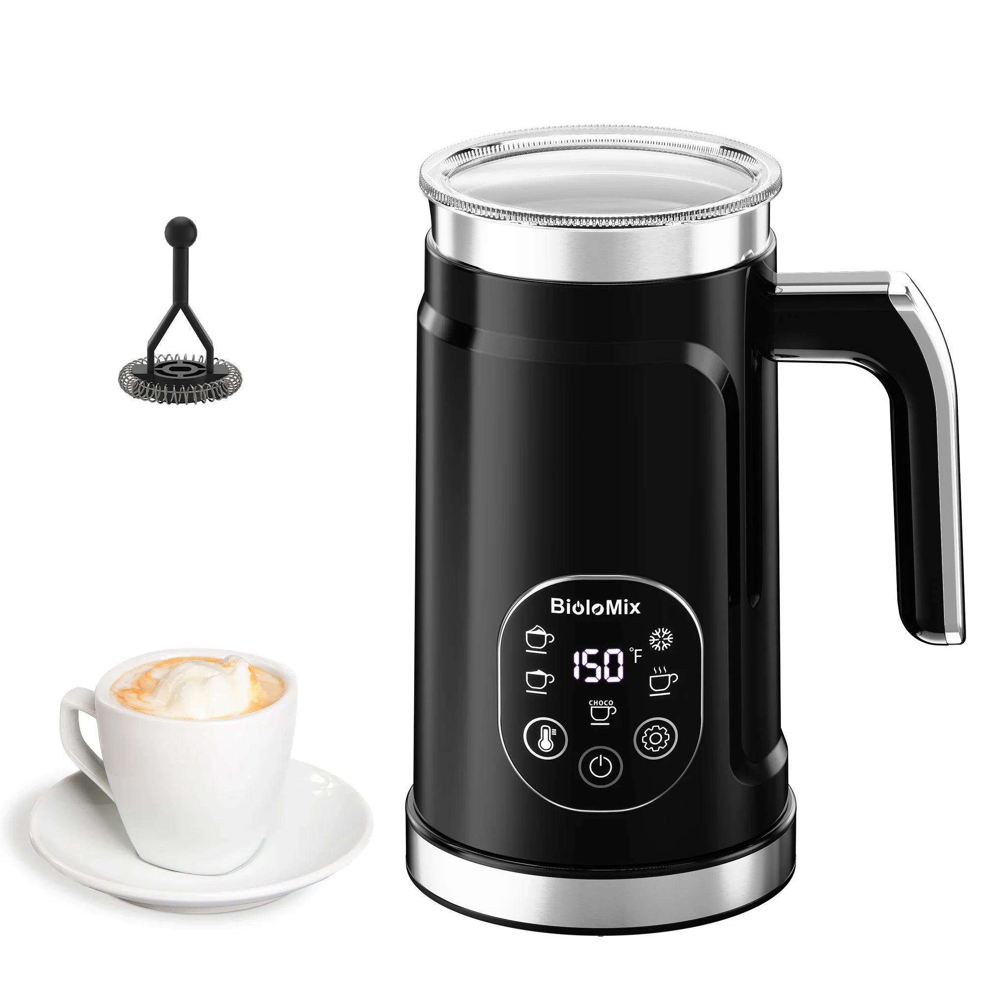 BioloMix Espumador de leche 5 en 1 con pantalla táctil LED mejorada - Calentador de leche para café con leche caliente y fría