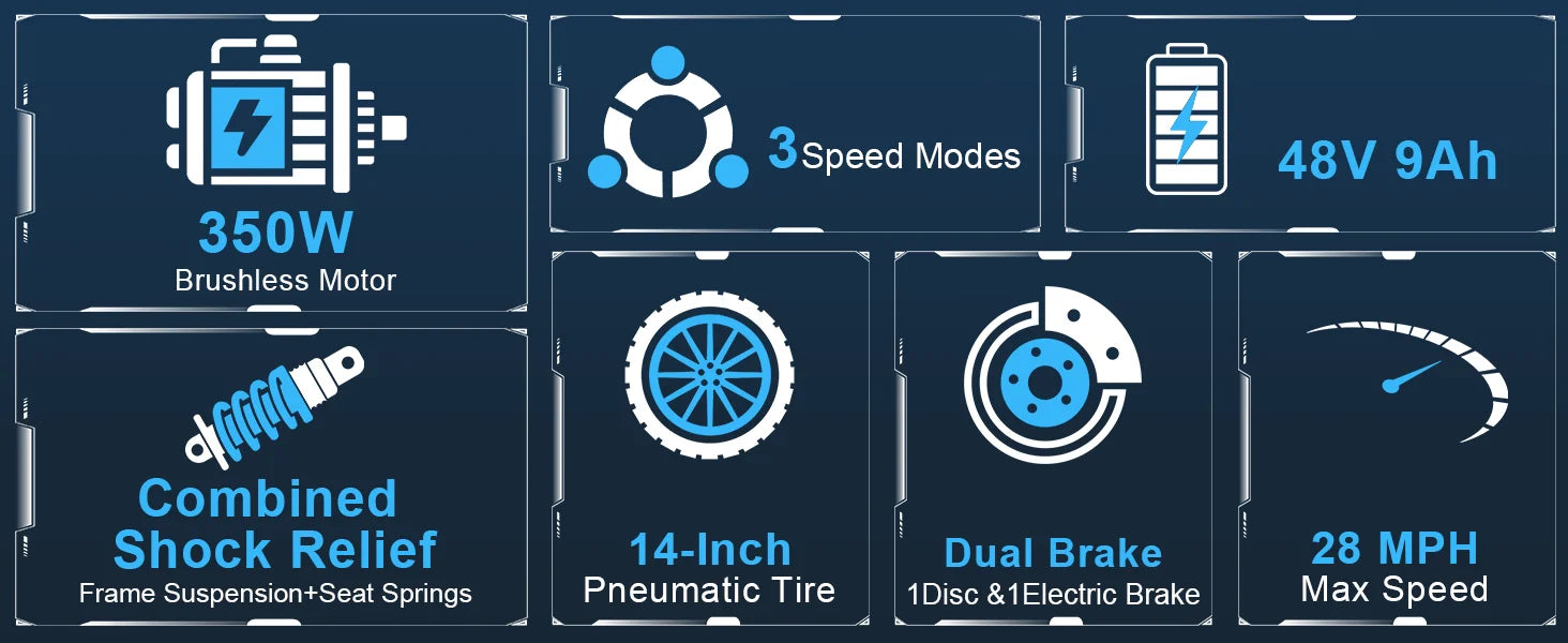 Bicicleta eléctrica plegable de 14 pulgadas, Motor sin escobillas de 350W, batería de 48V y 9Ah, velocidad máxima de 22MPH, 28 millas de largo alcance para adultos