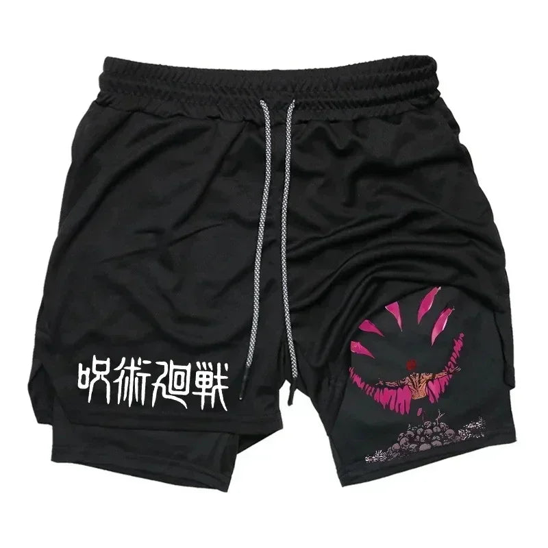 Pantalones cortos deportivos para hombre Jujutsu Kaisen Anime Graphic 2 en 1 pantalones cortos de compresión para hombre pantalones cortos de rendimiento de gimnasio de secado rápido atléticos