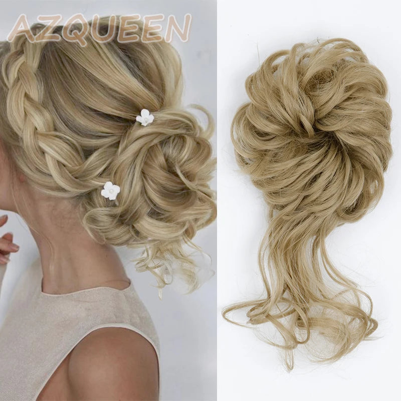AZQUEEN moño de pelo sintético moño Natural gris desordenado banda para el cabello rizado elástico Scrunchy piezas de cabello falso para mujeres horquillas